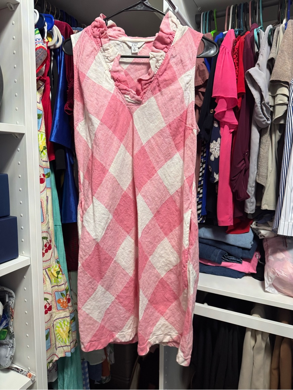 crown & ivy Pink and White Gingham Ruffle V-Neck Dress